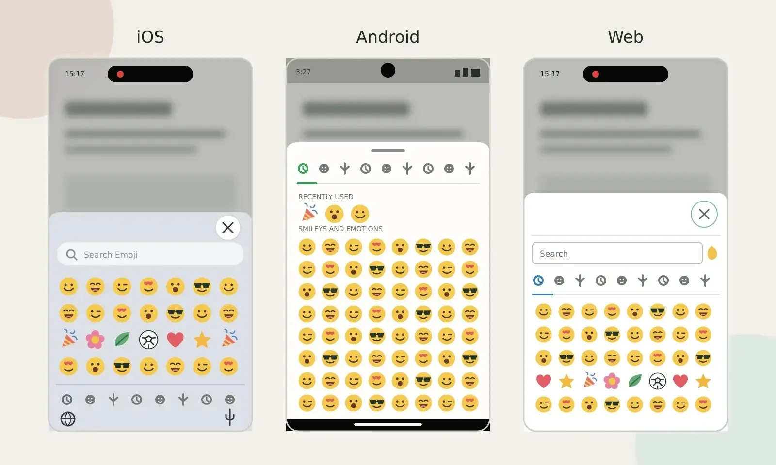 The Capacitor Emoji Picker on iOS, Android, and the web, using the appropriate presentation on each platform.