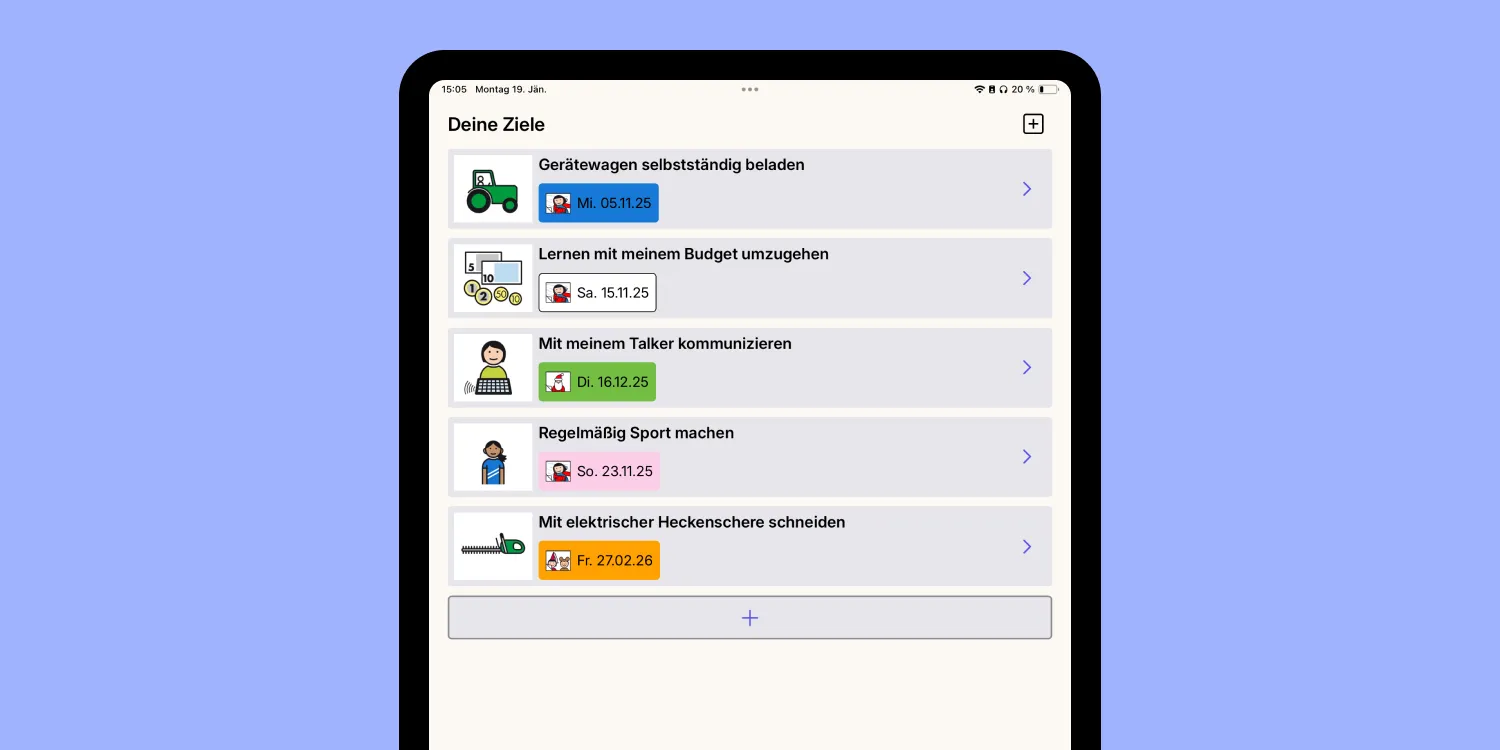 Ziele und Aktivitäten in der Independo Tagebuch App werden mit Symbolen und Texten dargestellt