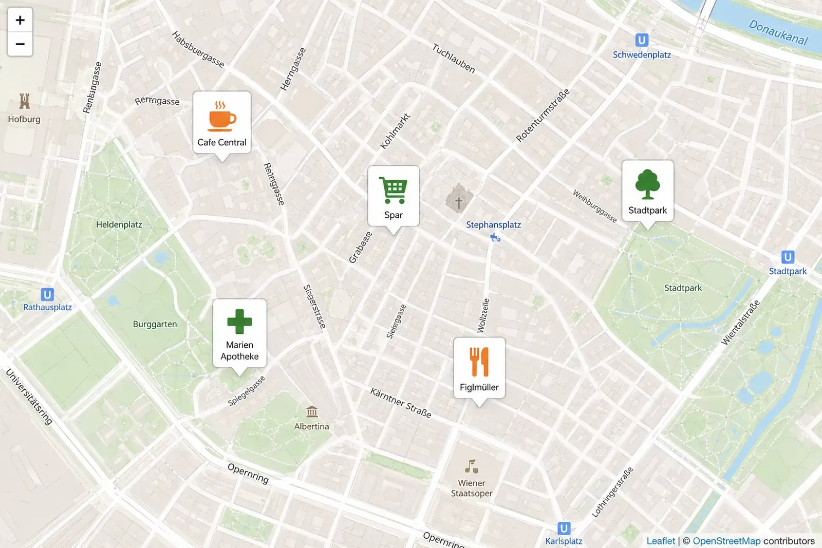 Digital map with points of interest represented by clear pictograms.