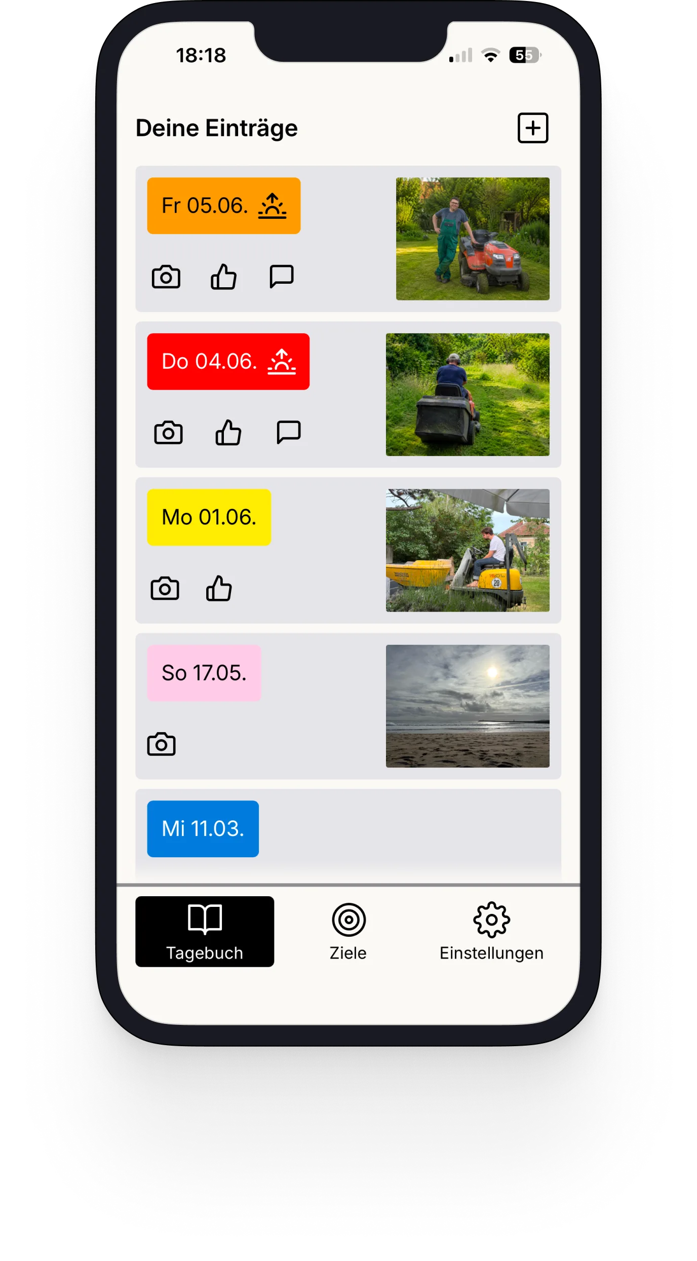 Independo Tagebuch mit Alltagseinträgen auf einem Smartphone