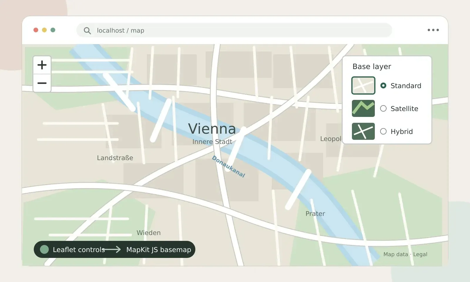 Schematic showing Leaflet map controls layered over an Apple MapKit JS basemap, with a base layer switcher for standard, satellite, and hybrid views.