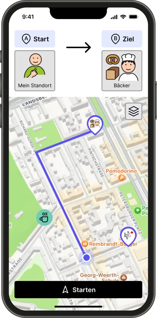 Prototyp-Bildschirm: oben Start und Ziel als Piktogramme, Mein Standort und Bäcker, darunter eine Karte mit der eingezeichneten Route und einer Schaltfläche Starten.