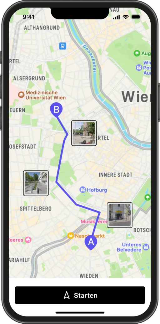 Prototyp-Bildschirm mit einer Karte von Wien: eine Route von Punkt A nach Punkt B, an der drei Fotos von Wegpunkten entlang der Strecke angeheftet sind.