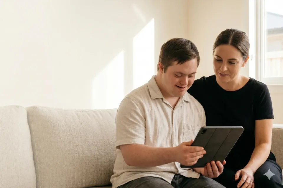 Zwei Menschen schauen gemeinsam auf ein Tablet auf einem Sofa